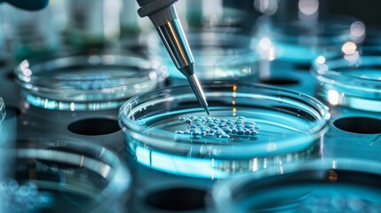 Detailed photo showcasing the latest breakthroughs in stem cell research, focusing on petri dishes containing stem cells and the precise tools used for manipulation