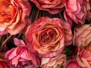 Close up on a captivating rose basket reveals a stunning arrangement of vibrant blooms delicately woven together. Each petal unfurls gracefully, forming a lush 