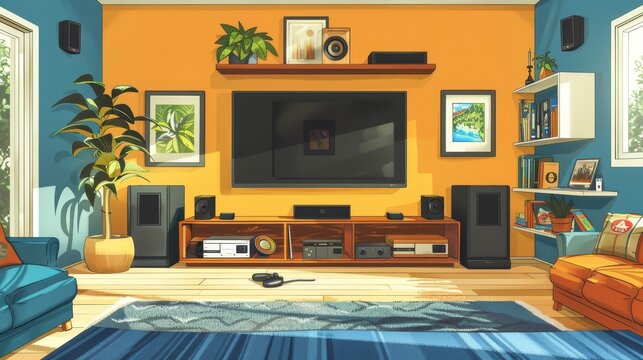 Family Living Room Entertainment Center: An illustration featuring a family living room with an entertainment center