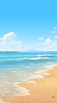 Sunlit Coastline, Sandy Beach, Clear Skies. Realistic Beach Landscape. Vector Background