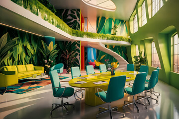 Lush and Vibrant Botanical-Themed Office Interior with Modern Design Features