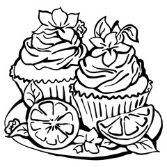 Sweet tasty dessert cupcake with cream and deco for morning breakfast in café or restaurant. Mini birthday cake for pleasure. Hand drawn colorful retro vintage illustration. Old style drawing.