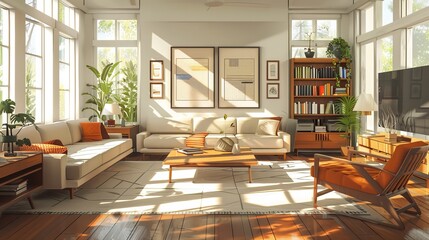 Family Living Room Natural Light: An illustration featuring a family living room flooded with natural light