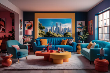 3D Model of a Vibrant and Colorful Interior Design in a Modern Eclectic Living Room