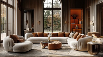 Luxury Living Room Elegant Furniture: A 3D illustration highlighting elegant furniture pieces in a luxury living room