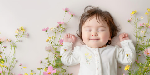 Happy childhood concept. Beautiful baby sleeping on light pink pbackground with bouquets of garden flowers. Text space. Banner style. Close up indoor shot