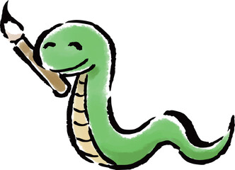 筆を口にくわえた巳（へび）　筆タッチ手描きイラスト
