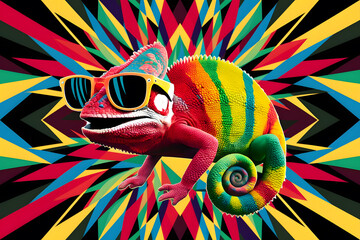 Vibrant Chameleon in Stylish Sunglasses on a Colorful Dynamic Background