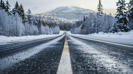 Close up view of a road through the mountains in winter time