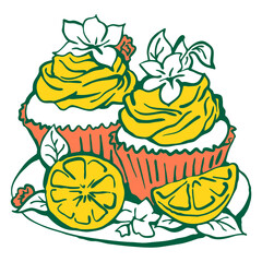 Sweet tasty dessert cupcake with cream and deco for morning breakfast in café or restaurant. Mini birthday cake for pleasure. Hand drawn colorful retro vintage illustration. Old style drawing.