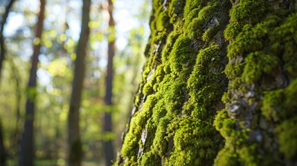 Closeup view of moss growing on tree trunks in the forest on sunny day