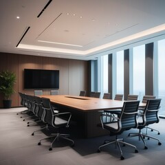 Interior of stylish open space office with grey and wooden walls, tiled floor and rows of wooden computer desks with white chairs. 3d rendering