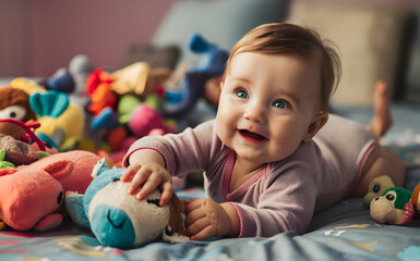 Happy Baby Playing with Colorful Toys on Comfortable Sofa