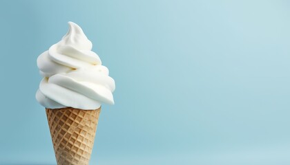 A delicious vanilla soft serve ice cream cone on a blue background.