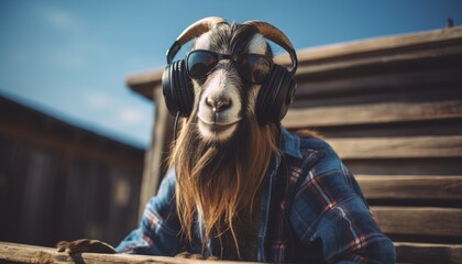 A goat wearing headphones and sunglasses is sitting on a wooden fence. The goat is looking at the camera.
