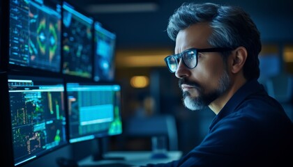 A malevolent hacker in glasses is looking at multiple computer screens with a menacing expression.