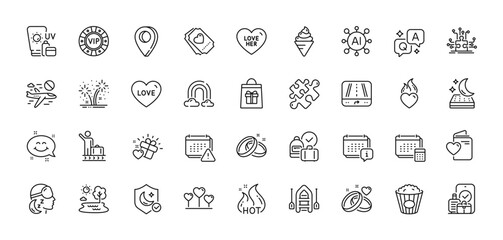 Luggage belt, Gps and Mattress line icons pack. AI, Question and Answer, Map pin icons. Insomnia, Love heart, Popcorn web icon. Calendar, Smile chat, Wedding rings pictogram. Vector