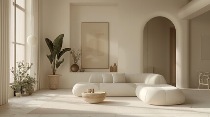 Minimalist Living Room Artistic Elements: A 3D illustration highlighting a minimalist living room with artistic elements