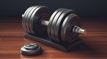 Dumbbell on the wooden floor with dark background