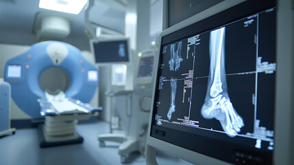 A close-up view inside a radiology room with a focus on the monitor displaying a clubfoot x-ray. Generative AI illustration 