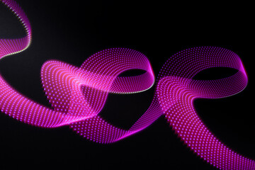Pink and purple neon glowing wave of light as curls with dotted stripes on black background,...