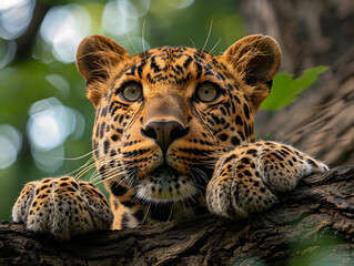 A leopard is resting on a tree branch, The background is a blur of green.