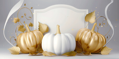Golden and White Pumpkins with Golden Leaves. Halloween banner with blank board for copy-space