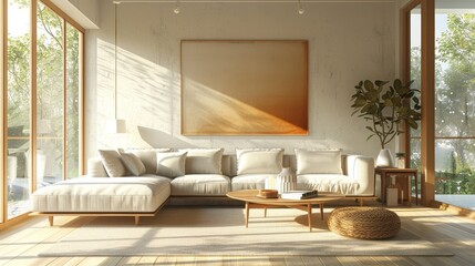 Minimalist Living Room Cozy Ambiance: An illustration portraying a minimalist living room with a cozy ambiance