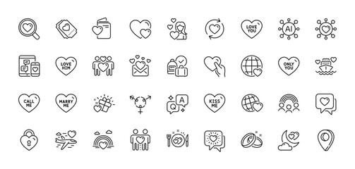 Kiss me, Marry me and Love lock line icons pack. AI, Question and Answer, Map pin icons. Love gift, Dating, Lgbt web icon. Romantic dinner, Heart, Honeymoon travel pictogram. Vector