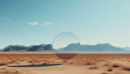 The image shows a barren desert landscape with a large, transparent sphere in the foreground