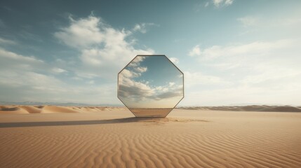 The image shows a large, octagonal mirror standing in the middle of a vast desert. The sky is blue, and there are some clouds. The mirror is reflecting the sky. - obrazy, fototapety, plakaty