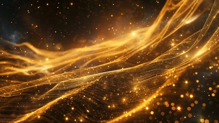 Golden glitter particles and dots abstract wavy background. Generative AI