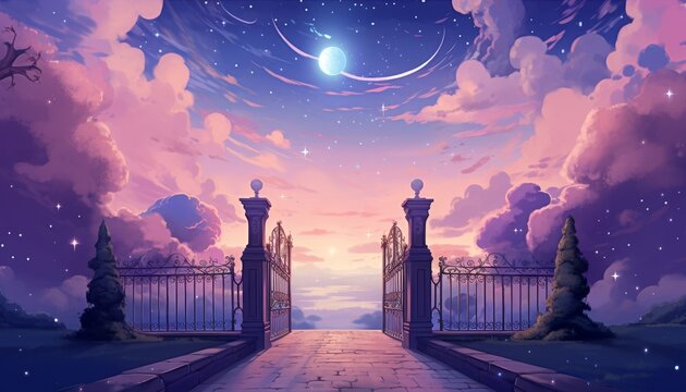 The image is a beautiful landscape with a gate in the middle