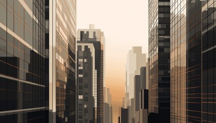 Obraz premium A busy street in a big city. There are tall buildings on both sides of the street and the sky is hazy.