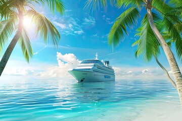 A large cruise ship approaches an exotic tropical island with palm trees.