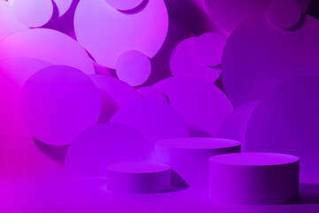 Abstract stage for presentation skin care products - three round podiums mockup in pink purple violet glowing light, bubbles fly decor. Template for showing cosmetics, goods in vr black friday style.
