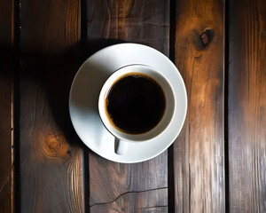 Draufsicht Kaffeetasse weiß auf altem braunen Holztisch mit schöner Maserung - Pause - Kaffeepause - Frühstück - AI generiert