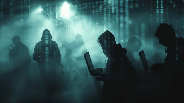 Shadowy silhouettes of cybercriminals at work,&nbsp;representing hackers and troll farms,&nbsp;with a dark,&nbsp;ominous backdrop suggesting online threats and cyber warfare