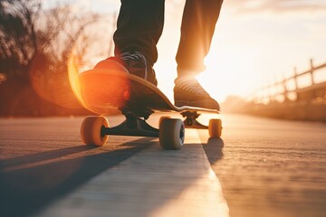 A skateboarder rolls on the asphalt on a board in the sunset. Bottom view.