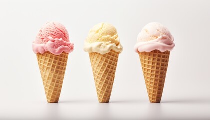 Three ice cream cones in a row with pink, yellow, and pink ice cream. The cones are dipped in chocolate.