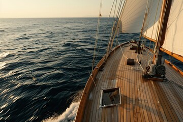A sailing yacht is sailing at low speed on the sea. View from the mast.