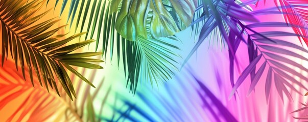 Obraz premium bright multicolored tropical summer background with colorful palm leaves. fashionable summer concept. banner or advertising poster