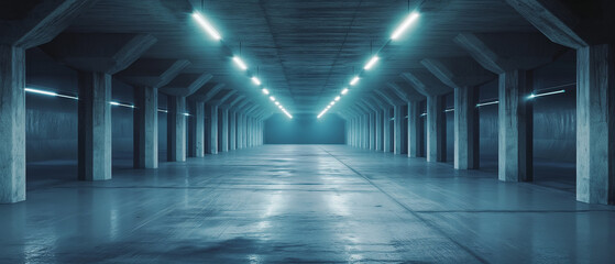 A long tunnel with blue lights along the walls and a dark background.. Empty underground background with blue lighting.