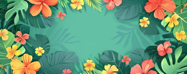 bright tropical summer background with palm leaves and tropical flowers in veil style. fashionable summer concept. banner or advertising poster