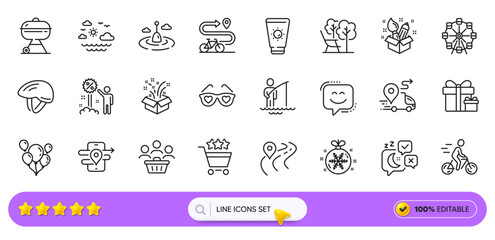 Love glasses, Ferris wheel and Surprise package line icons for web app. Pack of Shopping rating, Fisherman, Smile face pictogram icons. Buyers, Deckchair, Travel sea signs. Grill, Gps. Vector
