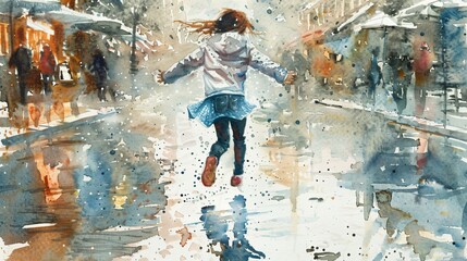 Obraz premium Watercolor illustration of a little girl jumping through puddles on a pedestrian street