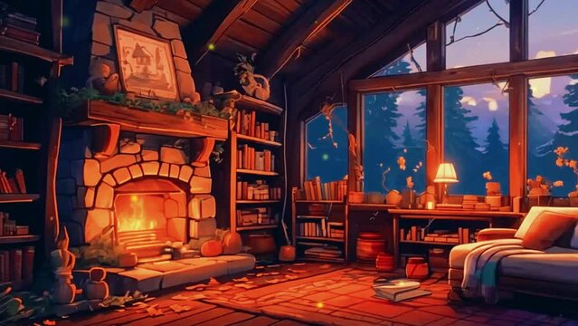 Cute cozy room living room virtual backgrounds. vtuber asset twitch zoom OBS, 2D Japanese Lo-fi Anime style Seamless loop hip-hop chill music lofi bites vibes Relaxing animation