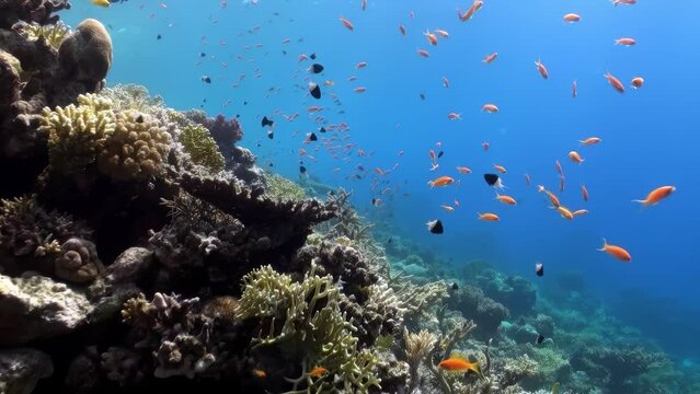 A beautiful blue ocean with a coral reef and a large number of fish swimming in it. The fish are orange and the water is clear
