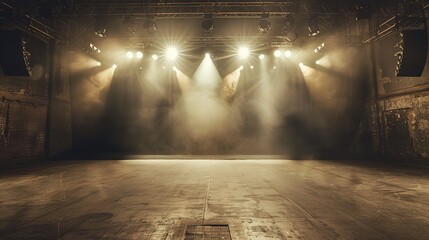 retro vintage interior theater stage with yellow spotlights shine on rustic floor with smoke drifting around, background backdrop, Generative Ai