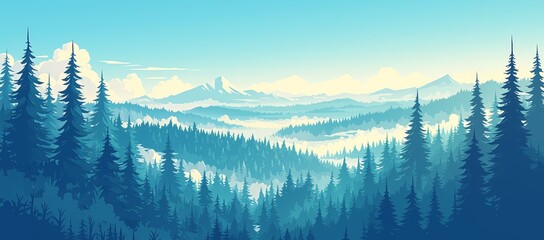 A flat illustration of a forest with green trees and mountains in the background, in a foggy atmosphere with clouds. 